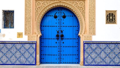 Ornate blue door in a white building