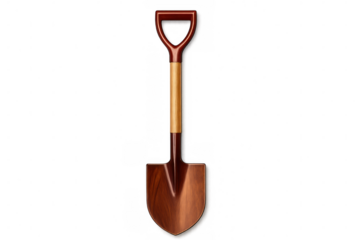 Rustic gardening shovel featuring wooden handle, metallic blade, positioned vertically against clean transparent backdrop