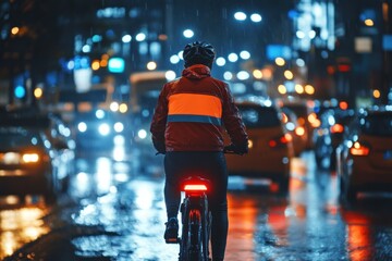 A lone cyclist rides through a rain-soaked city street at night, reflecting the blurred lights