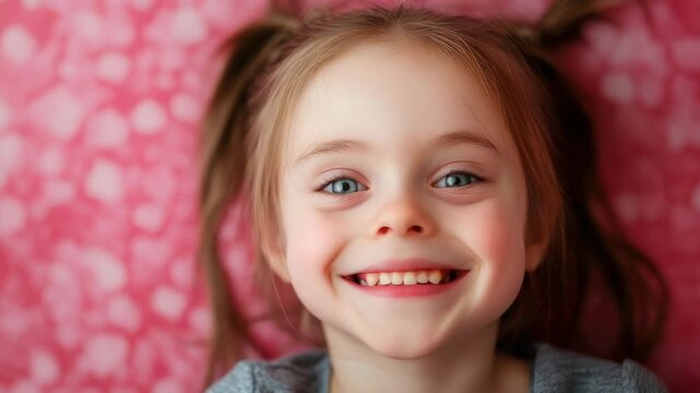 Smiling young girl with pigtails against pink background