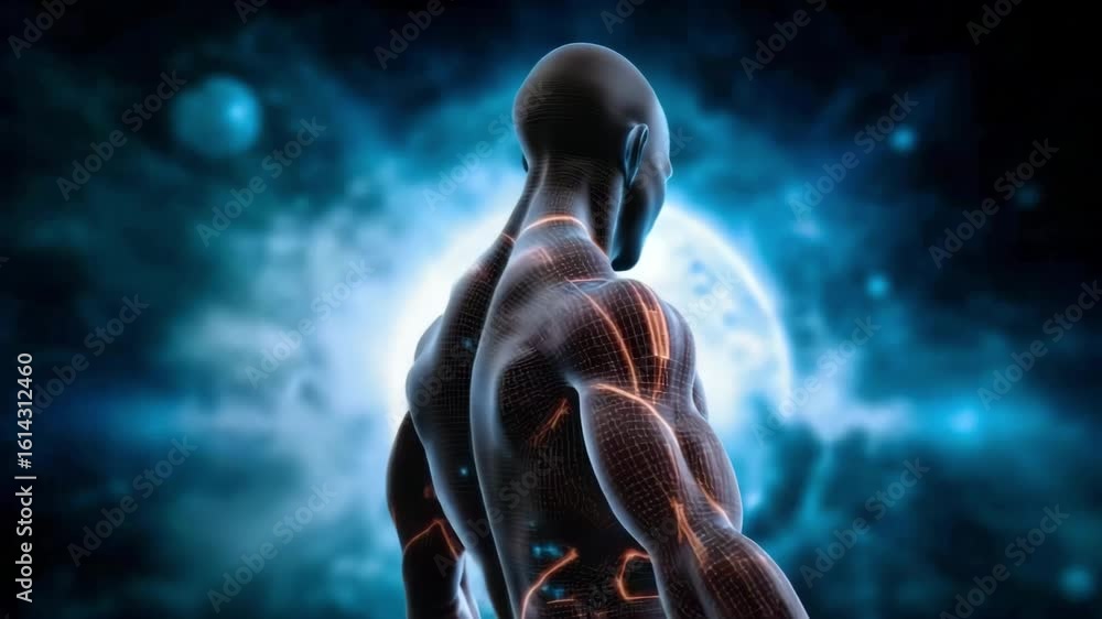 Poster digital rendering of muscular figure with glowing lines and futuristic elements
