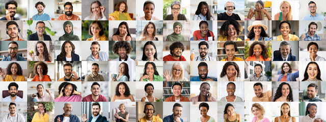 A vibrant collage showcases a variety of diverse, multiracial individuals smiling and enjoying life together. This collection highlights unity in differences, celebrating joyful moments.