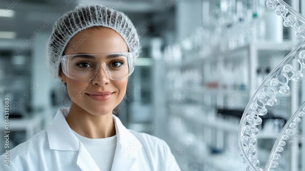 Poster laboratory scientist in protective gear, smiling in modern lab environment with advanced technology