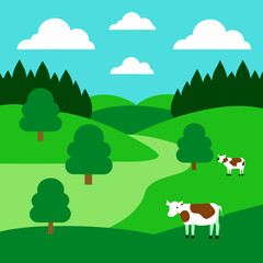 Fototapeta premium Peaceful countryside landscape with grazing cows and rolling hills