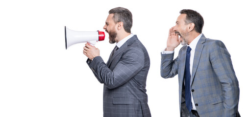 Fototapeta premium business man promoter has conflict. businessman do business advertisement. advertisement concept. business idea advertisement. businessman shouting in loudspeaker isolated on white. advertisement