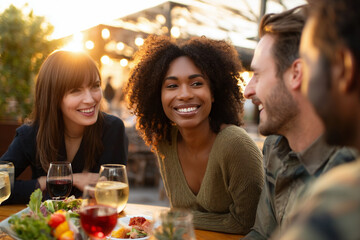 Friends enjoying dinner at outdoor table