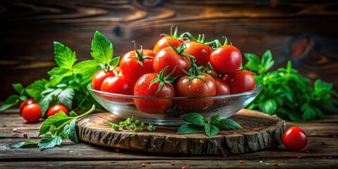 A rustic still life showcasing a glass bowl brimming with vibrant, glistening red tomatoes, nestled amongst fresh green herbs on a weathered wooden surface.