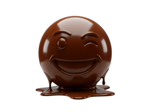 A melting chocolate easter egg with a happy smiling face and winking eye isolated on transparent background