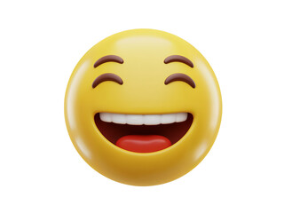 Fototapeta premium Joyful yellow emoji face with closed eyes and wide open mouth laughing heartily isolated on transparent background