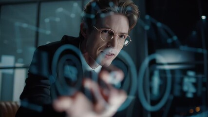 Focused businessman interacting with holographic digital interface showing data and icons in a high-tech office. Concept of futuristic analytics, innovation and virtual technology
- Powered by Adobe