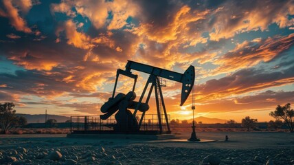 Industrial oil field scenery at sunset with pumpjack and vibrant sky
