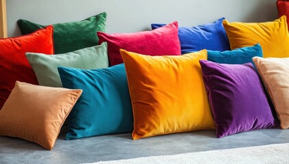Colorful Velvet Cushions Arranged on a Sofa in a Stylish Interior Setting