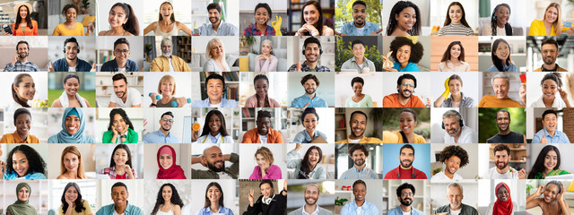 This vibrant collage features diverse individuals of different backgrounds sharing joyful moments...