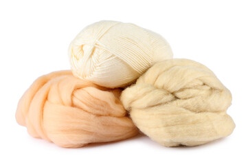 Felting wool and knitting yarn isolated on white