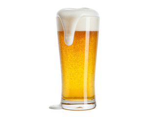 Tall glass of refreshing golden beer with frothy white foam overflowing and dripping down the side isolated on transparent background