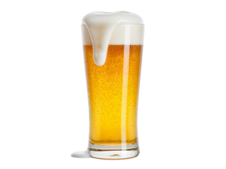Tall glass of refreshing golden beer with frothy white foam overflowing and dripping down the side isolated on transparent background