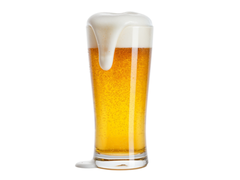 Tall glass of refreshing golden beer with frothy white foam overflowing and dripping down the side isolated on transparent background