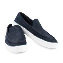 Pair of stylish dark blue shoes on white background