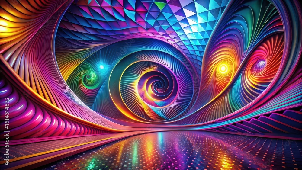 Sticker abstract colorful swirling tunnel design with vibrant hues and geometric patterns in a futuristic se