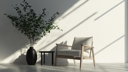 Modern interior with armchair, plant, table and sunlight casting shadows on the wall