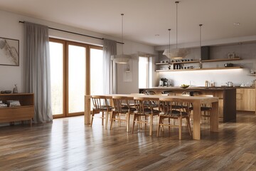 Wooden kitchen room with dining table and chairs, parquet floor. High quality