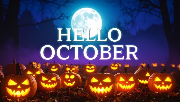 “HELLO OCTOBER” text in style typography with glowing pumpkins scattered in a dark, misty spooky forest background under a haunting full moonlight scene - Powered by Adobe