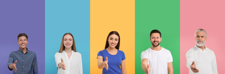 Friendly people welcoming, collection of portraits on different colors backgrounds