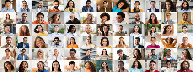 A vibrant collage featuring diverse, multiracial faces of happy people enjoying life. Each portrait showcases unique expressions and personalities, capturing the essence of community and joy.
