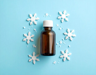 Winter Medicine Bottle with Snowflakes on Light Blue Background