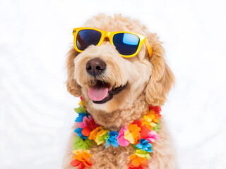 A golden doodle dog wearing yellow sunglasses and a colorful lei against a white background smiling