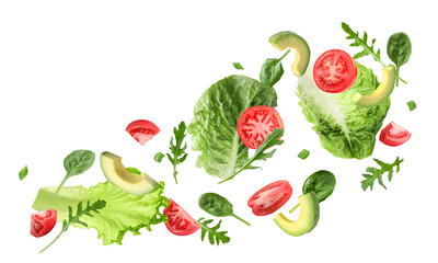 Fresh vegetables for salad flying against white background
