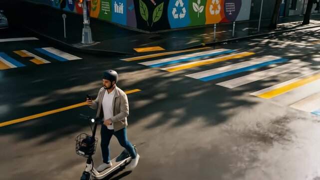 Man on Electric Scooter Crossing a Colorful Zebra Crosswalk with Urban Street Art Background