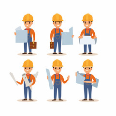 Flat vector character set of a male constructor in a hard hat and work outfit, holding blueprints and posing in different stances.