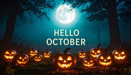 “HELLO OCTOBER” text in style typography with glowing pumpkins scattered in a dark, misty spooky forest background under a haunting full moonlight scene