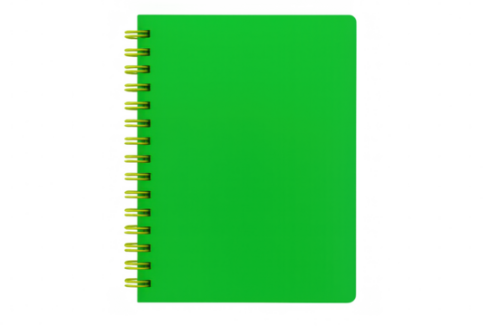 Closed green notebook with gold spiral binding isolated on transparent background, perfect for educational or office-related designs