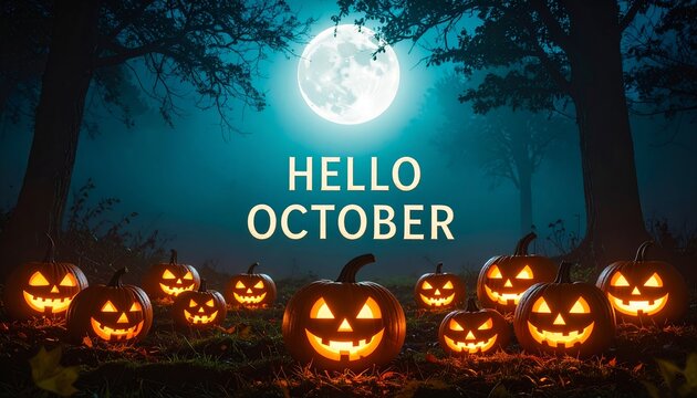 “HELLO OCTOBER” text in style typography with glowing pumpkins scattered in a dark, misty spooky forest background under a haunting full moonlight scene