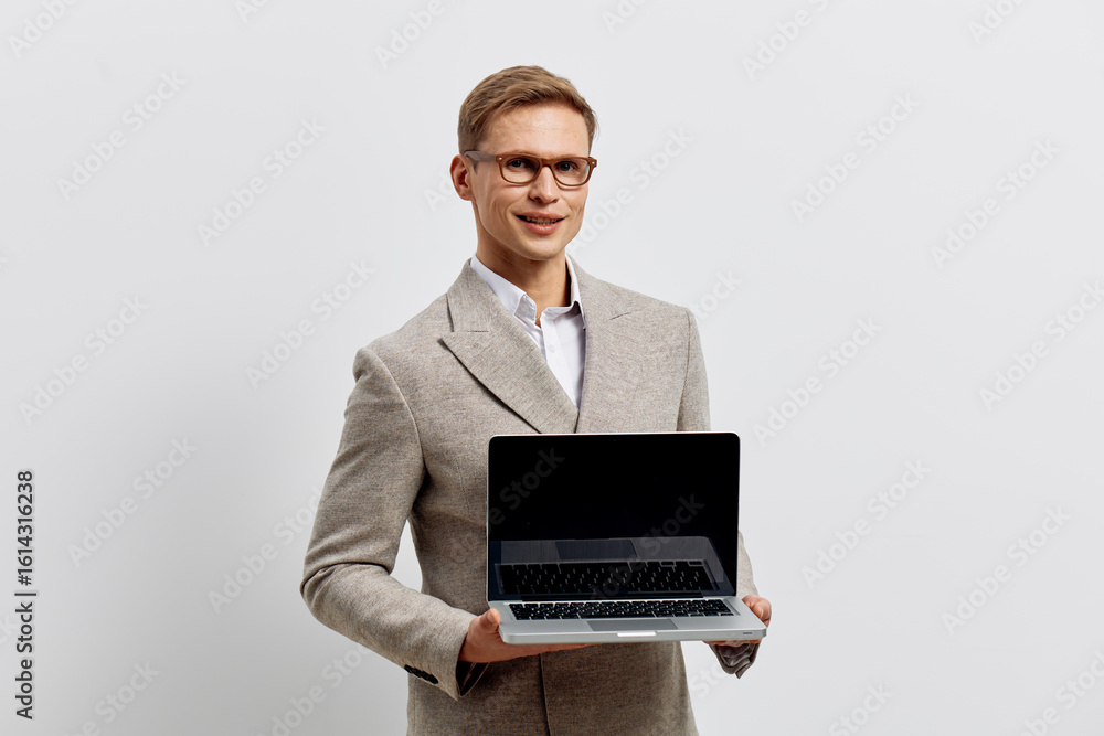 Aufkleber smiling man with laptop wear grey jacket glasses hold open notebook computer looking camera isolated