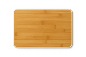 Bamboo cutting board with rounded corners and white frame on a transparent background, ideal for food presentation or kitchen-themed designs