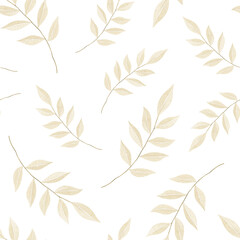 Watercolor seamless floral pattern illustration in boho style on white background with eucalyptus and branches for wedding, invitation, cards, decoration, wallpapers