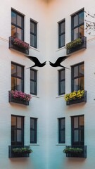 Fototapeta premium Architectural symmetry with window boxes, urban tranquility, and abstract birds