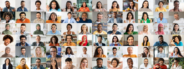 Fototapeta premium A lively collection of happy faces from various ethnic backgrounds, each representing their unique cultures. This cheerful collage celebrates unity and diversity, capturing joy in everyday moments.