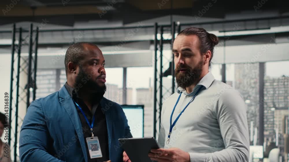 Aufkleber businessmen analysts monitoring efficiency insights at the workspace, utilizing analytics to plan fo