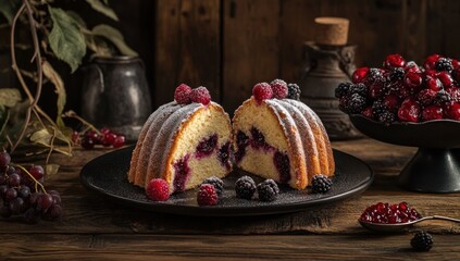 Delicious berry cake with fresh raspberries and blackberries, dusted with powdered sugar, perfect for dessert or celebration