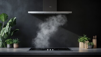 Modern kitchen with sleek black design and steam rising from the stove