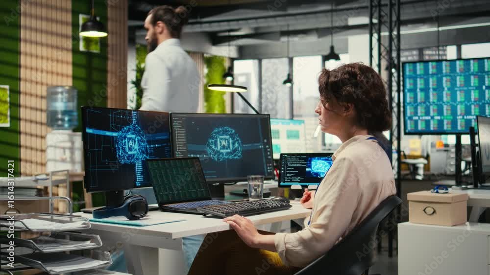 Poster office administrator checking monthly reports with ai analytics platform, employing neural networks 