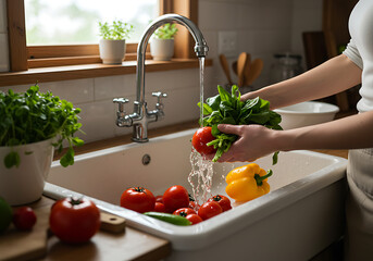 A person washes fresh tomatoes and leafy greens under running water in a bright, sunlit kitchen sink.