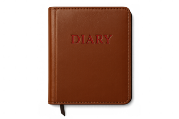 Closed brown leather diary featuring a red title and bookmark, resting on a transparent background, offering a classic and elegant look