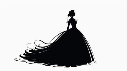 Elegant black silhouette of a woman in a flowing ball gown on a clean white background