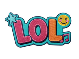 Brightly colored lol letters with a star and laughing emoji isolated on transparent background