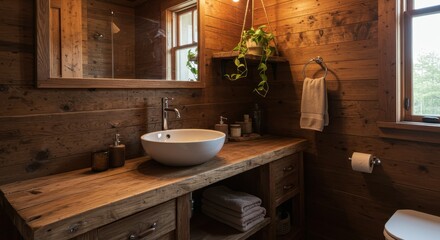 Cozy Rustic Bathroom with Wooden Walls, Modern Sink and Natural Light in a Serene Setting